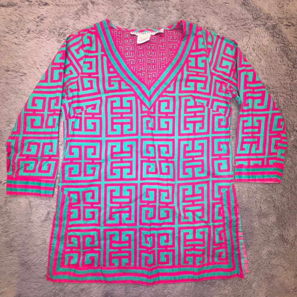 Gretchen Scott Women's Small Pink Turquoise Greek Key V-Neck Tunic Top Resort - Picture 5 of 13